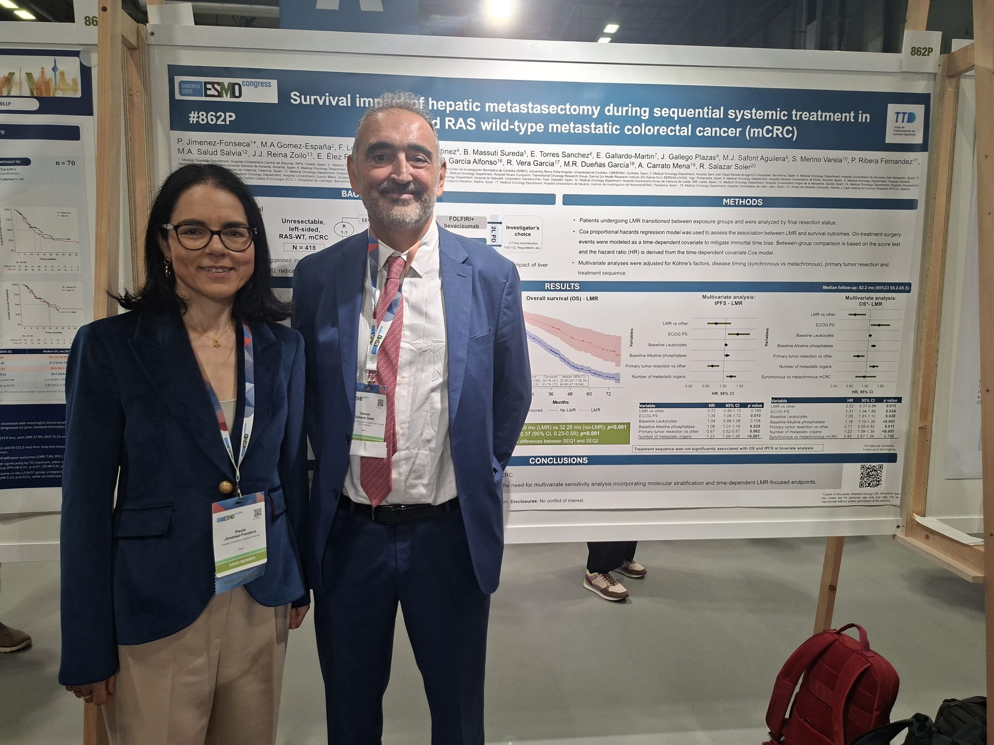 Dra. Jiménez Fonseca, del Hospital Universitario Central de Asturias, y Dr. Ramon Salazar, del Instituto Catalán de Oncología, durante la presentación de resultados del estudio CR-SEQUENCE en ESMO 2026